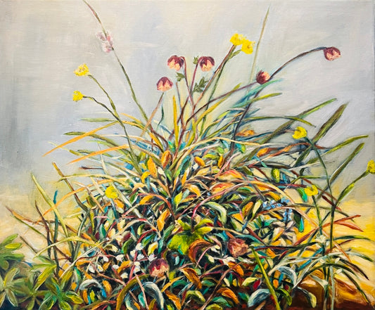 Abstract botanical oil painting Untamed inspired by wild plant movement