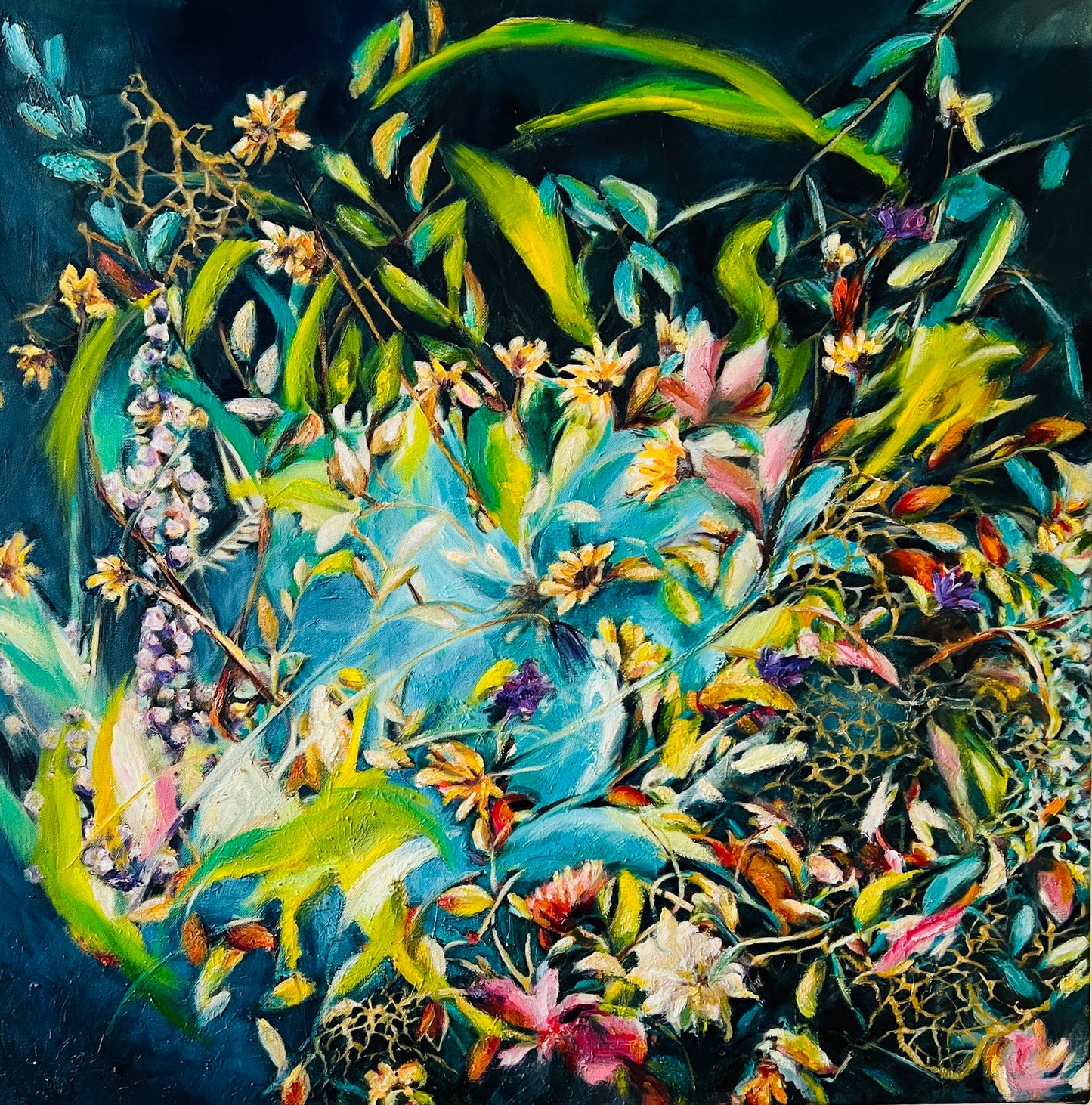 Botanical oil painting Seigla / Insist by Ingibjörg Hauksdóttir, dense growth on a near-black ground