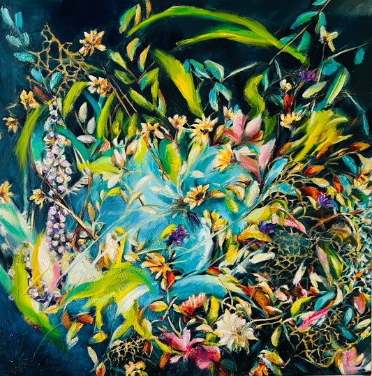 Botanical oil painting Seigla / Insist by Ingibjörg Hauksdóttir, dense growth on a near-black ground