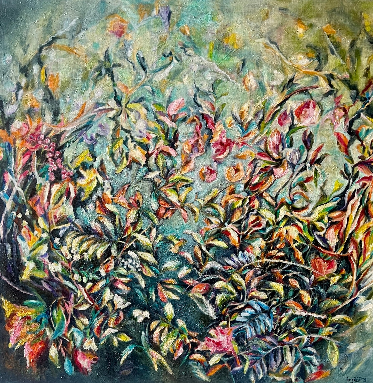 Botanical oil painting Birting / Emergence by Ingibjörg Hauksdóttir, soft pinks and yellows on a pale sage ground