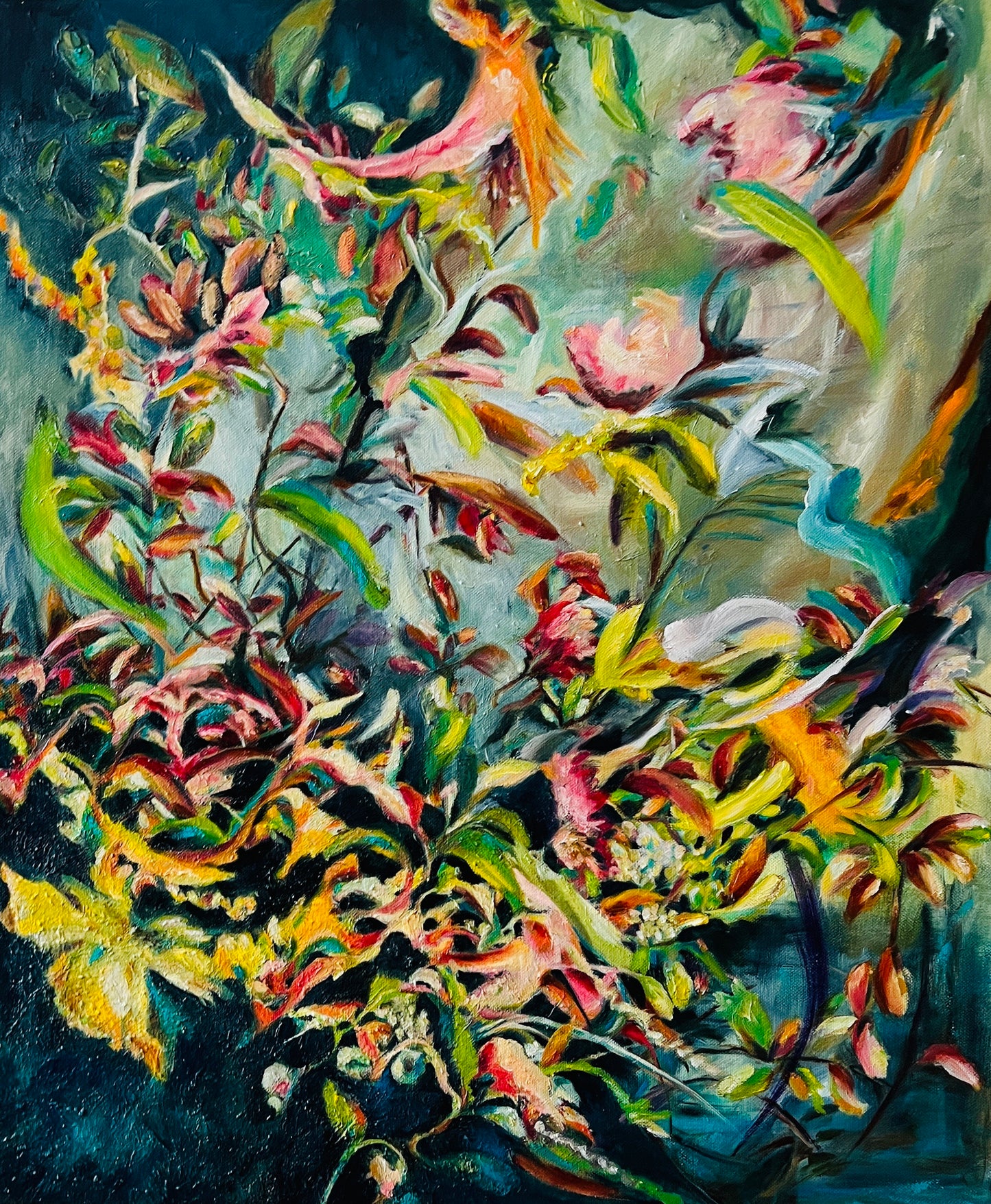 Botanical oil painting Verðandi / Becoming by Ingibjörg Hauksdóttir, flowers drifting across a pale centre