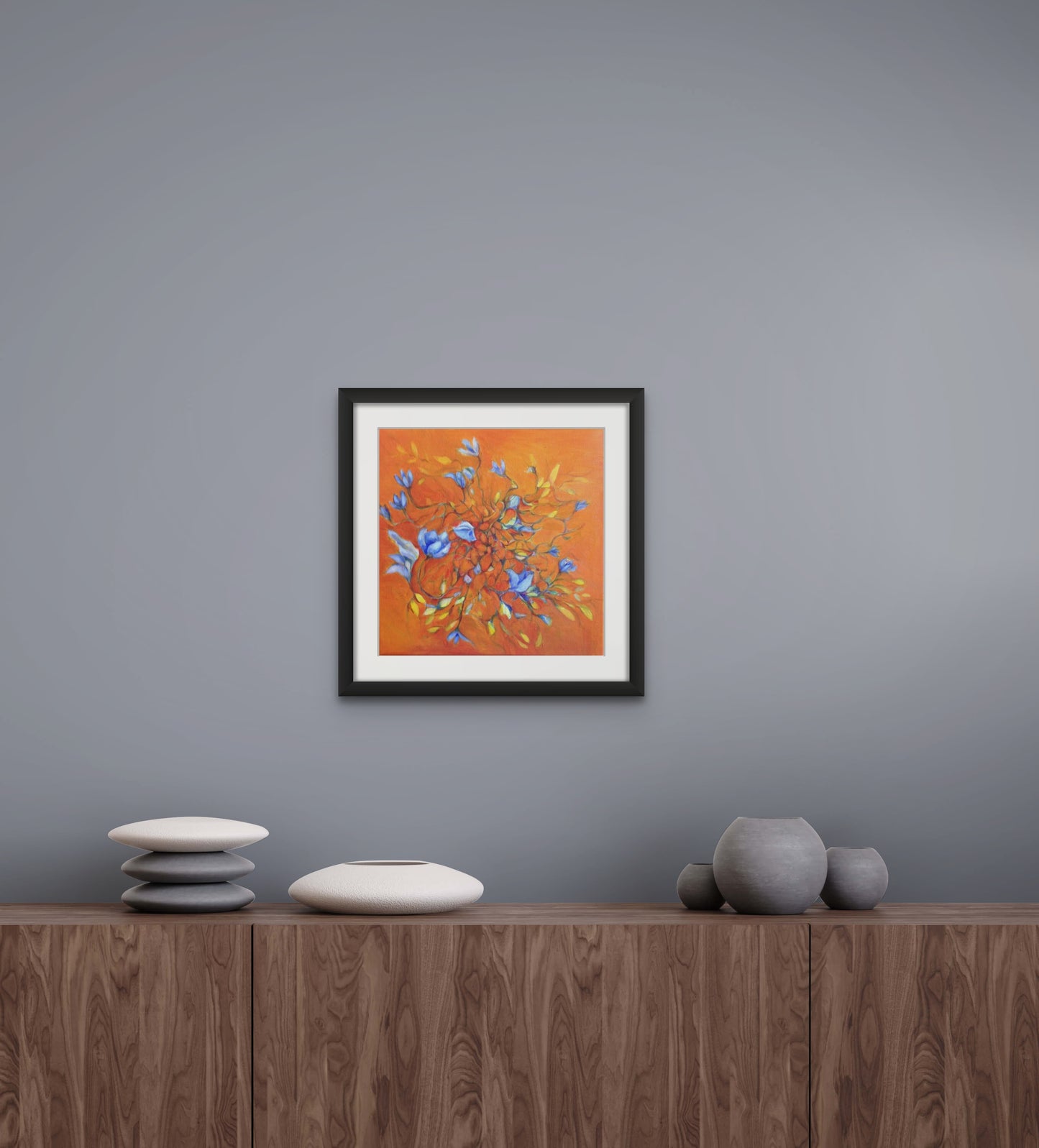 Blue flowers on orange Framed & Mounted Print - Ingibjörg Hauksdóttir