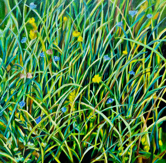 Abstract botanical oil painting "Meditation" by Ingibjörg, soft organic forms and calming natural tones