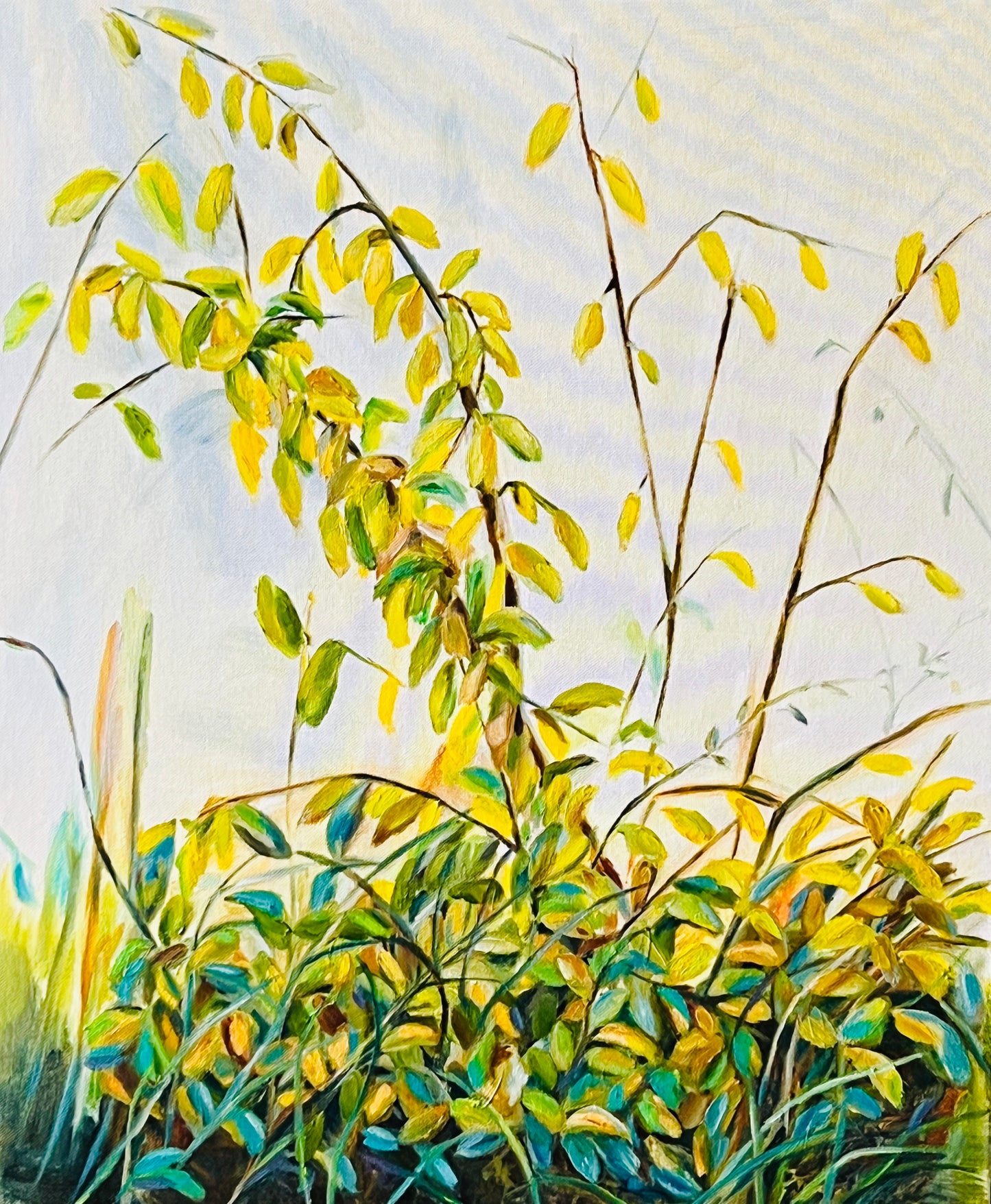 Abstract botanical oil painting Peace with yellow leaves and organic forms