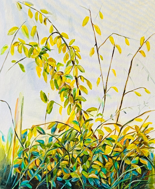 Abstract botanical oil painting Peace with yellow leaves and organic forms