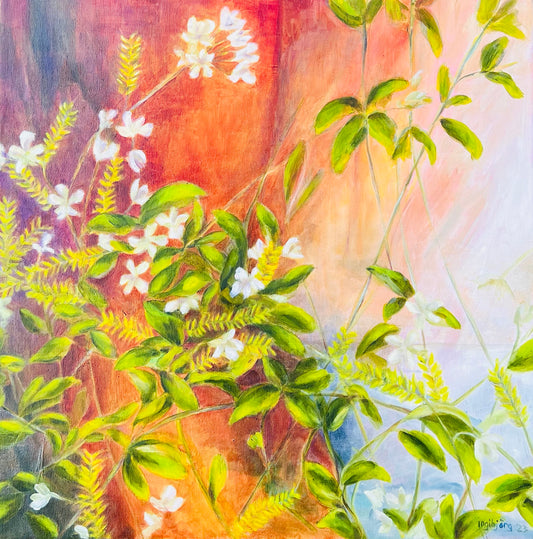 Abstract botanical oil painting Enlightened, luminous botanical forms, oil on canvas, by Ingibjörg Hauksdóttir