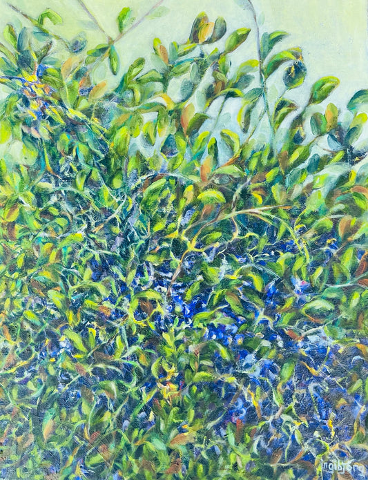 Abstract botanical oil painting Connection, intertwined plant forms, oil on canvas, by Ingibjörg Hauksdóttir