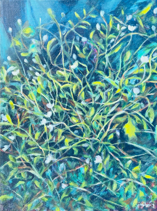 Abstract botanical oil painting Grounded, earthed plant forms, oil on canvas, by Ingibjörg Hauksdóttir