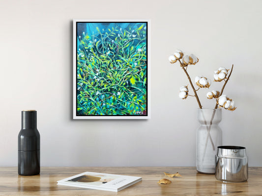 Abstract botanical oil painting Grounded, oil on canvas, by Ingibjörg Hauksdóttir