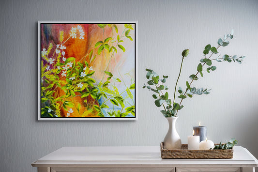 Abstract botanical oil painting Enlightened, oil on canvas, by Ingibjörg Hauksdóttir
