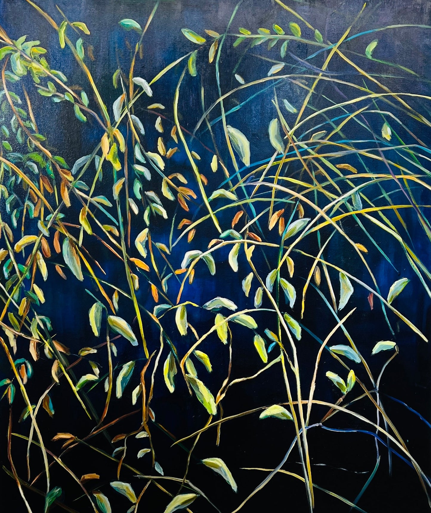 Night abstract botanical oil painting with delicate leaves on deep blue background