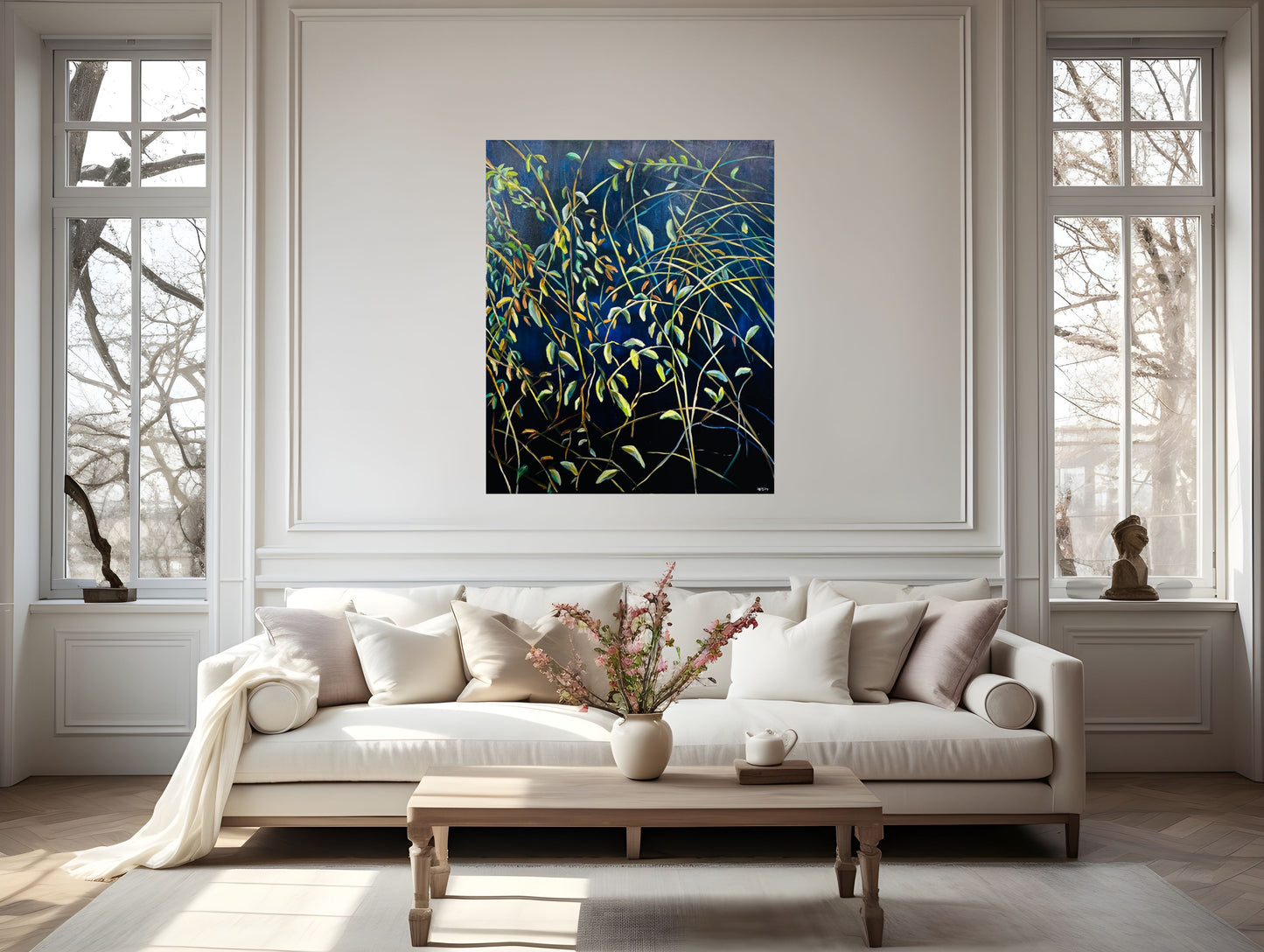 living room interior with sofa and abstract botanical wall art by Ingibjörg Hauksdóttir