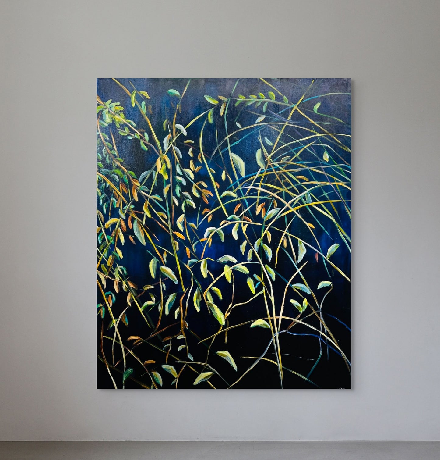 Night deep blue abstract painting with green and yellow plant forms