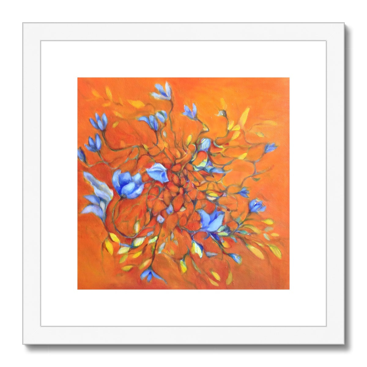 Blue flowers on orange Framed & Mounted Print - Ingibjörg Hauksdóttir