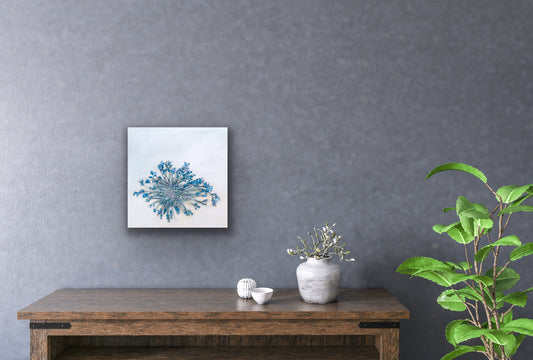 Abstract botanical oil painting Blue / Fjörugróður, detail, oil on canvas, by Ingibjörg Hauksdóttir