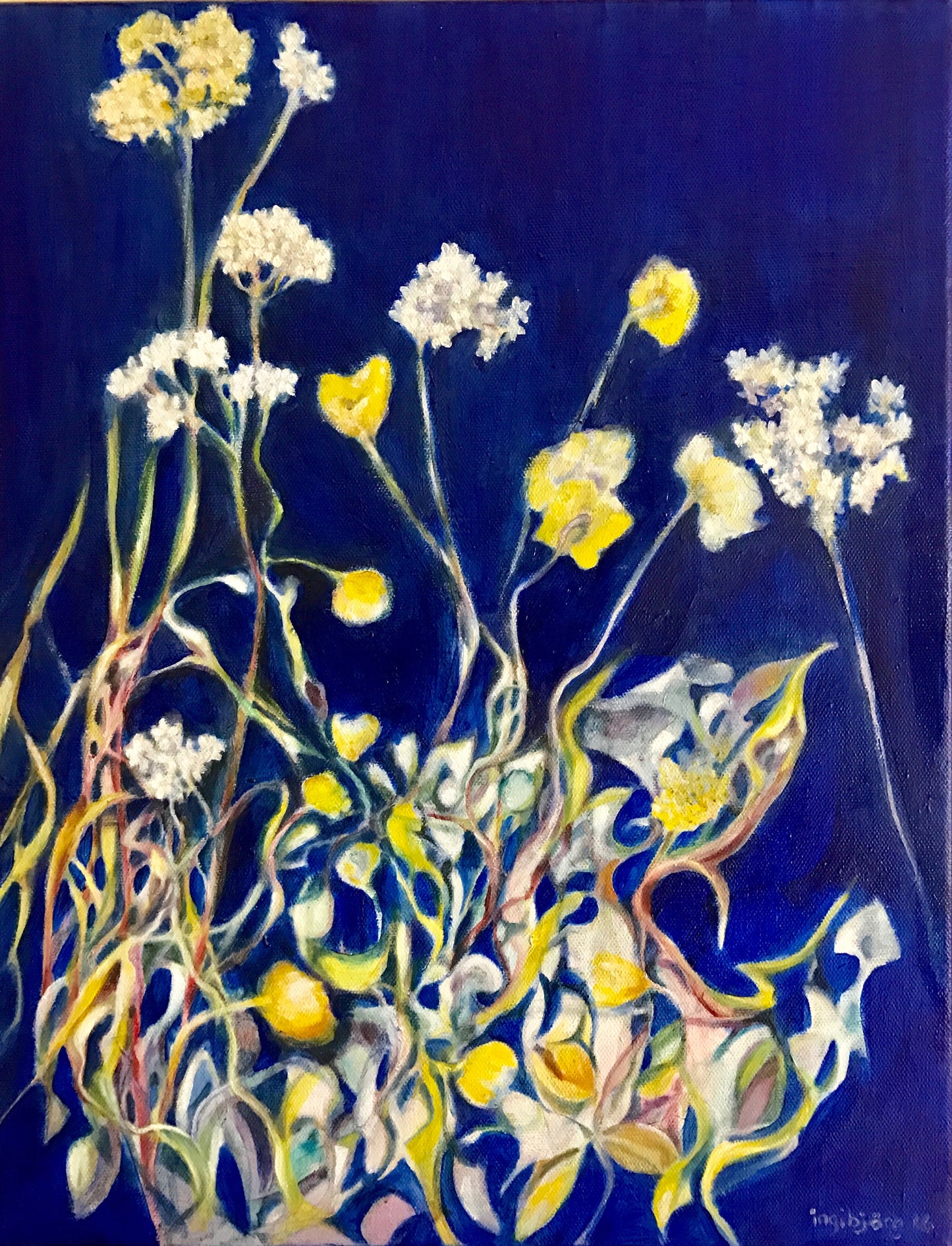 Blue with white and yellow flowers - Ingibjörg Hauksdóttir