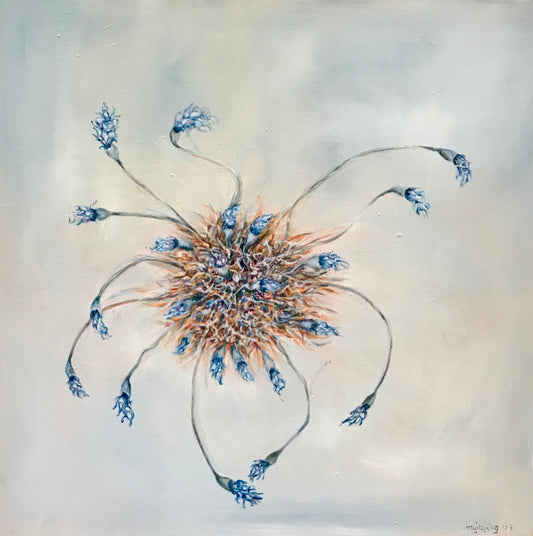 Abstract botanical oil painting of blue flowers on warm ground, oil on canvas, by Ingibjörg Hauksdóttir