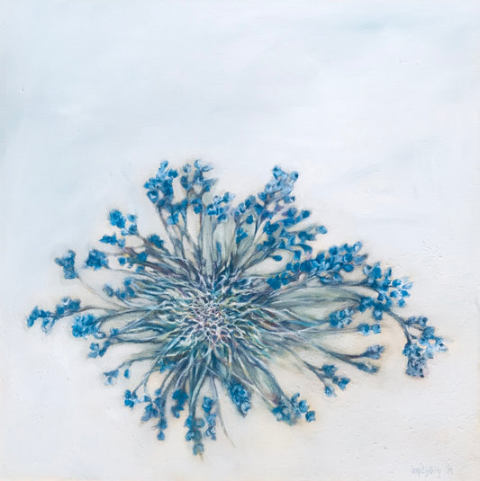 Abstract botanical oil painting Blue / Fjörugróður, ocean plant forms, oil on canvas, by Ingibjörg Hauksdóttir